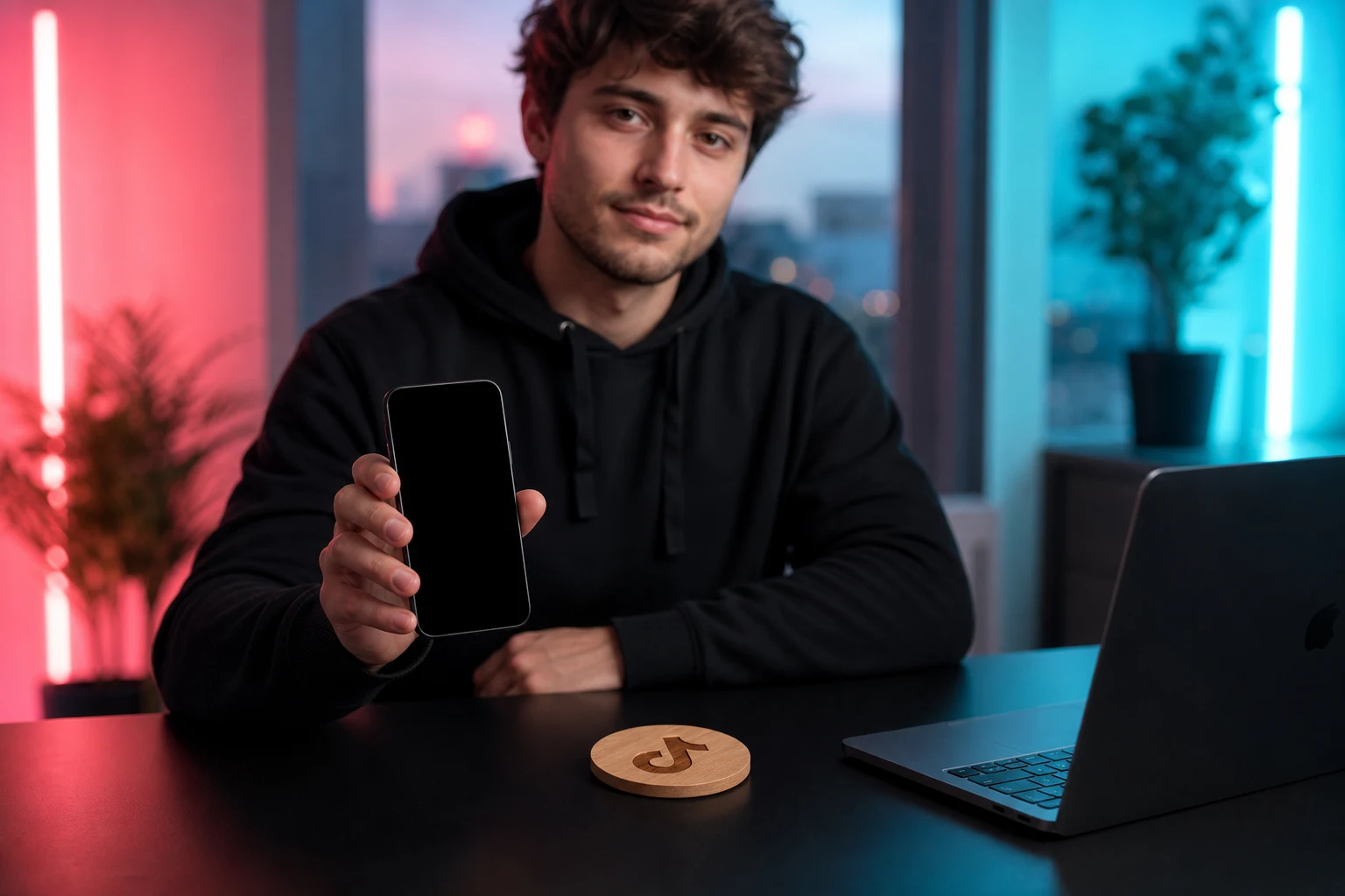 Joven en oficina moderna con teléfono y posavasos TikTok grabado