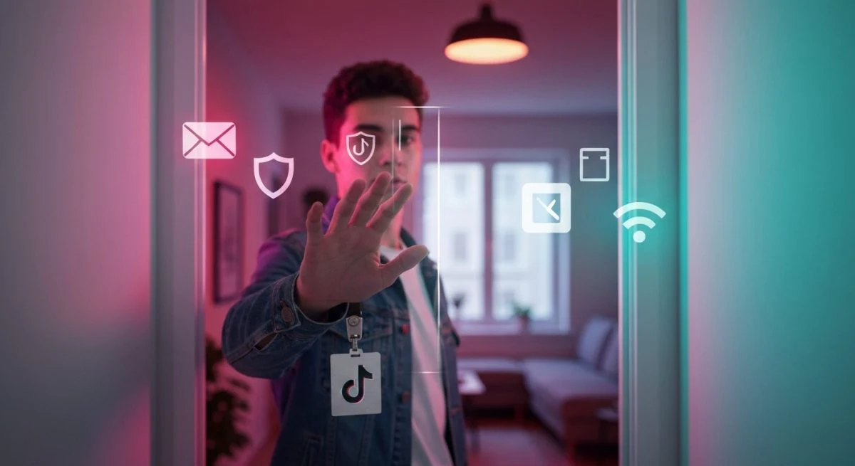Joven en pasillo minimalista alcanza puerta luminosa de TikTok grupo