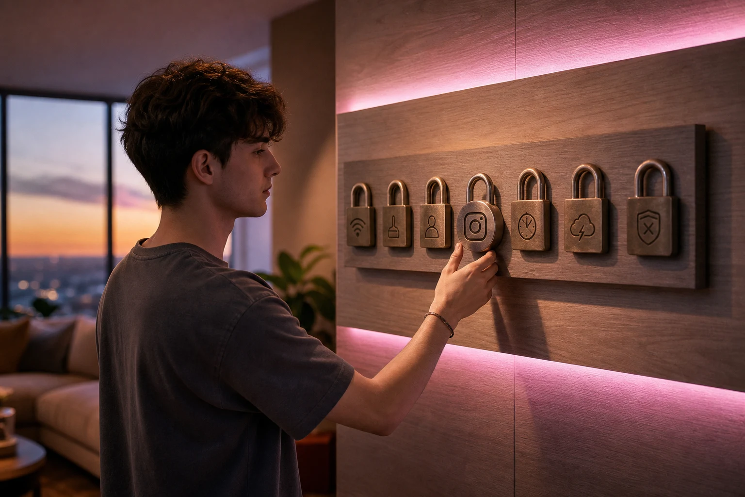 Joven en sala frente a panel de siete candados Instagram