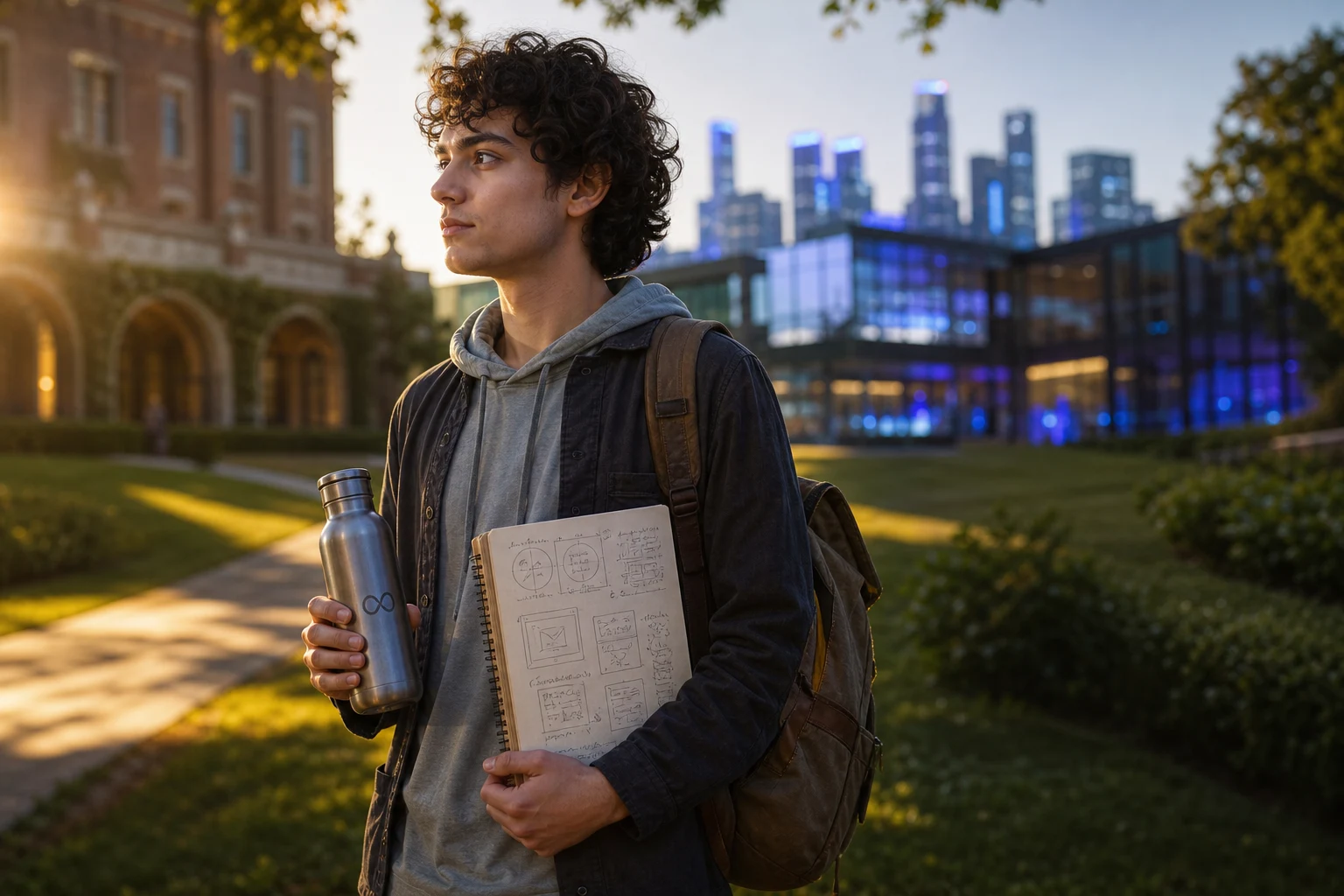 Joven programador en campus universitario con mochila cuaderno botella Meta
