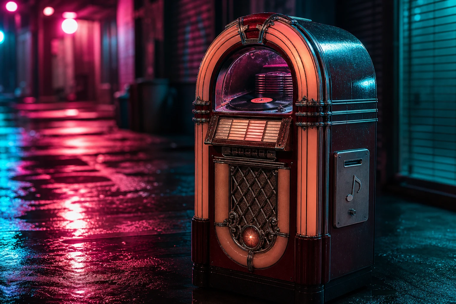 Jukebox vintage callejero con vinilo girando y logo musical cromado