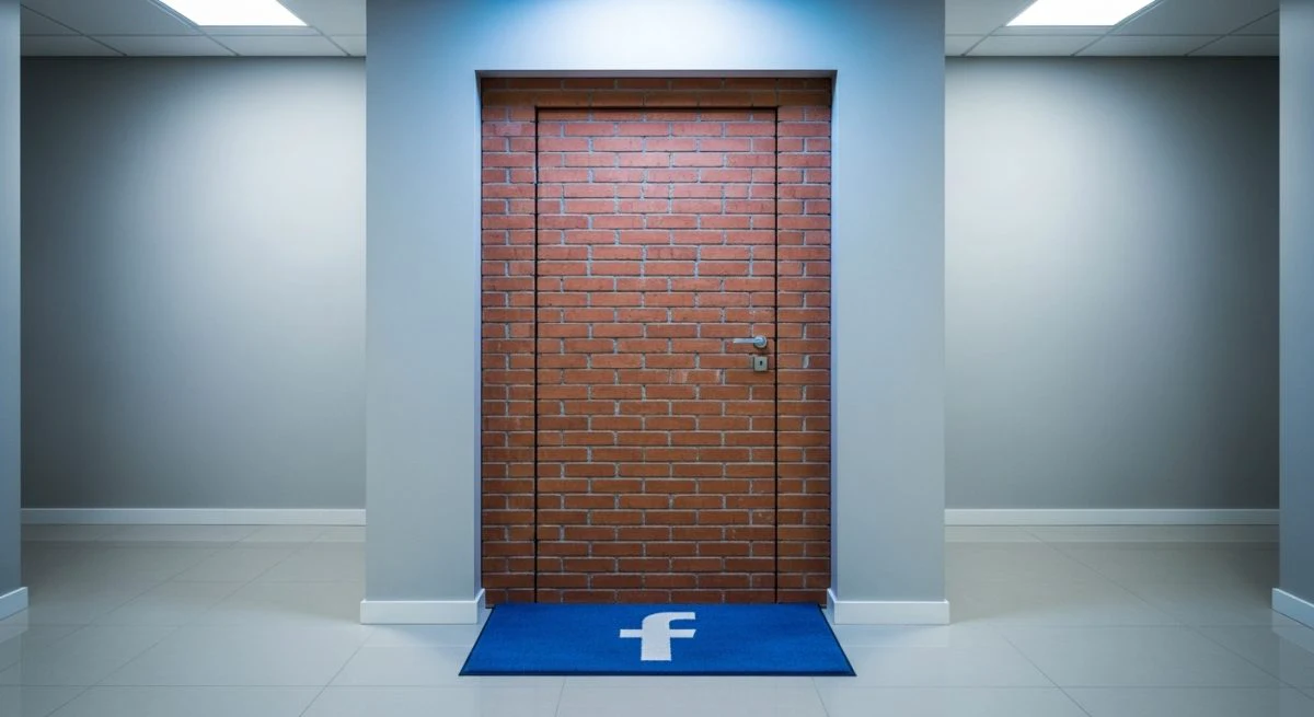 Ladrillos sellando la puerta de entrada de un apartamento con el logotipo de Facebook en el felpudo de bienvenida