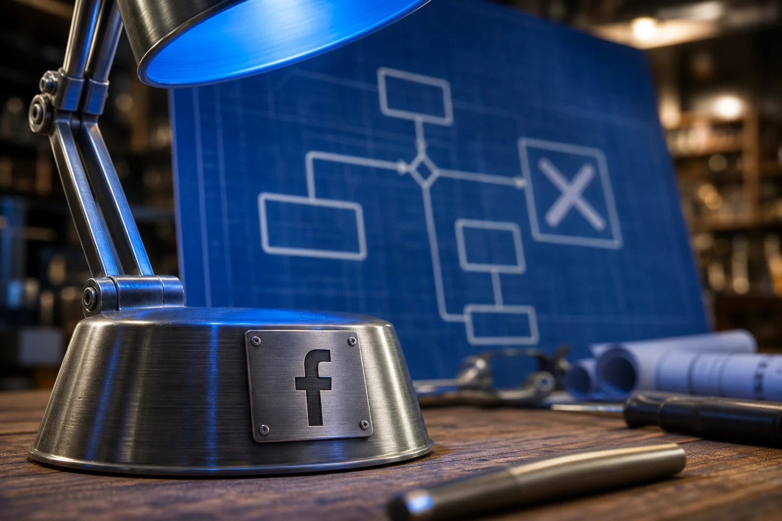 Lámpara de escritorio con placa grabada del logo Facebook visible