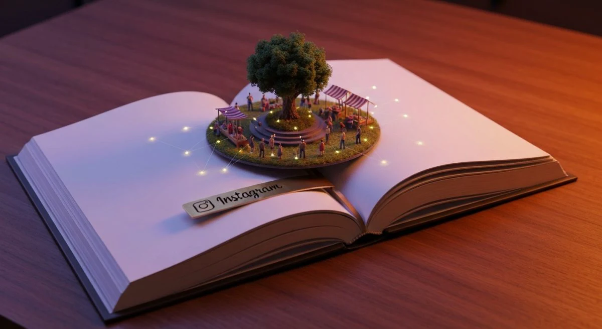 Libro abierto con diorama ecosistema árbol y figuras escena Instagram