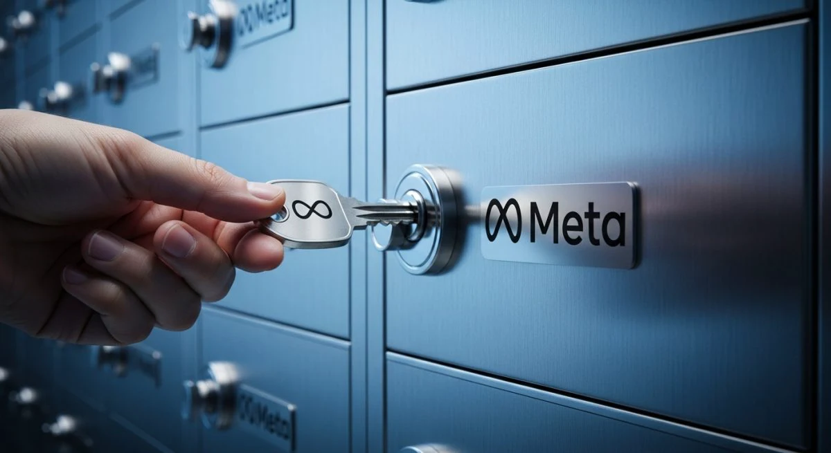 Llave de diseño moderno con logo Meta sobre caja fuerte