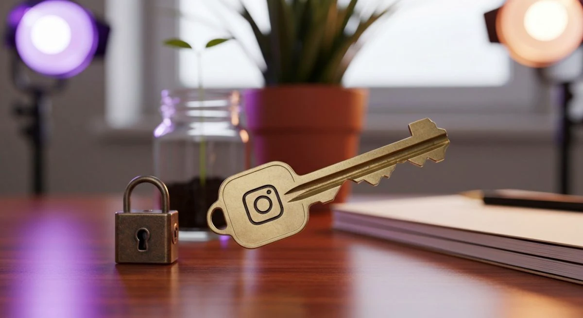 Llave de latón con logo Instagram junto cerradura y semilla