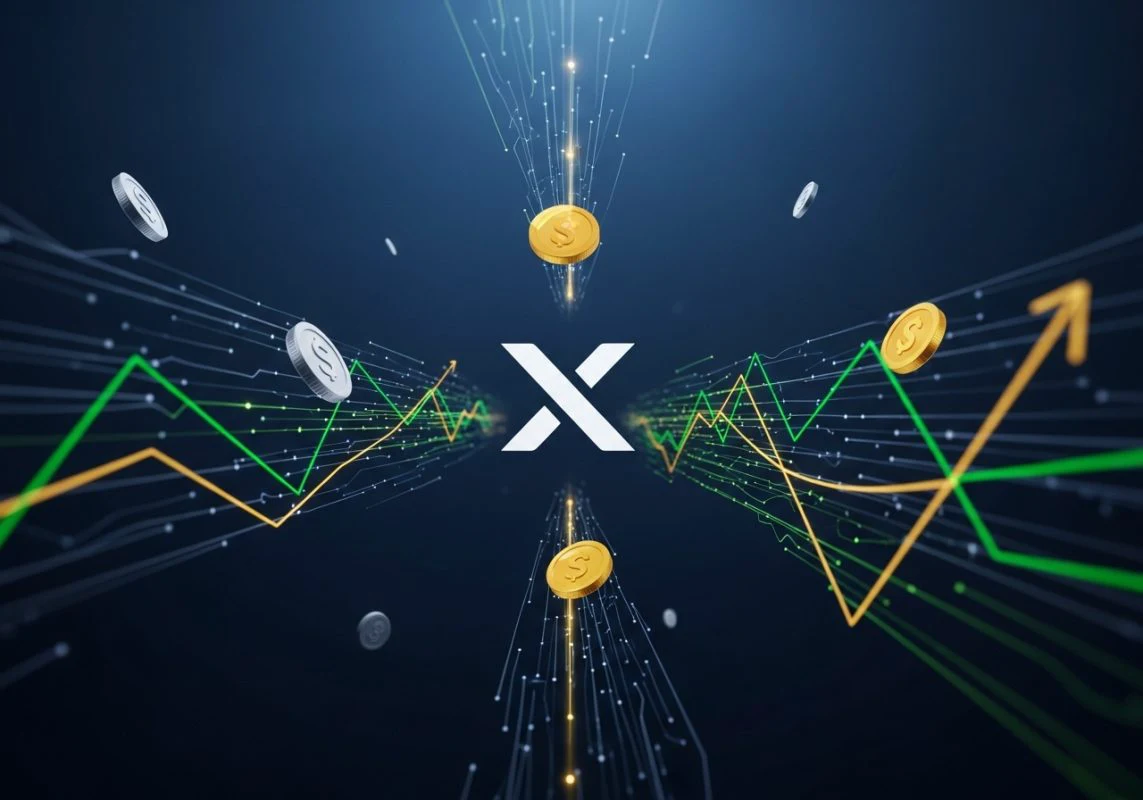 logo de X con lineas de color verde y dorado con monedas doradas y plateadas