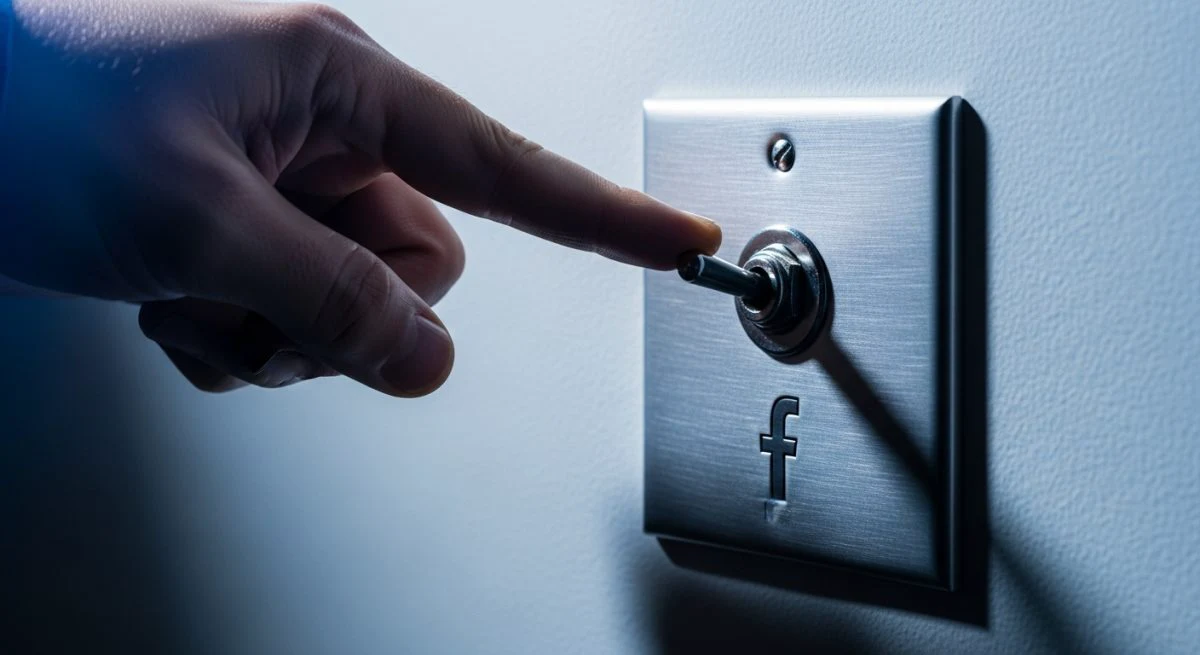 Mano a punto de apagar interruptor con logo minimalista de Facebook