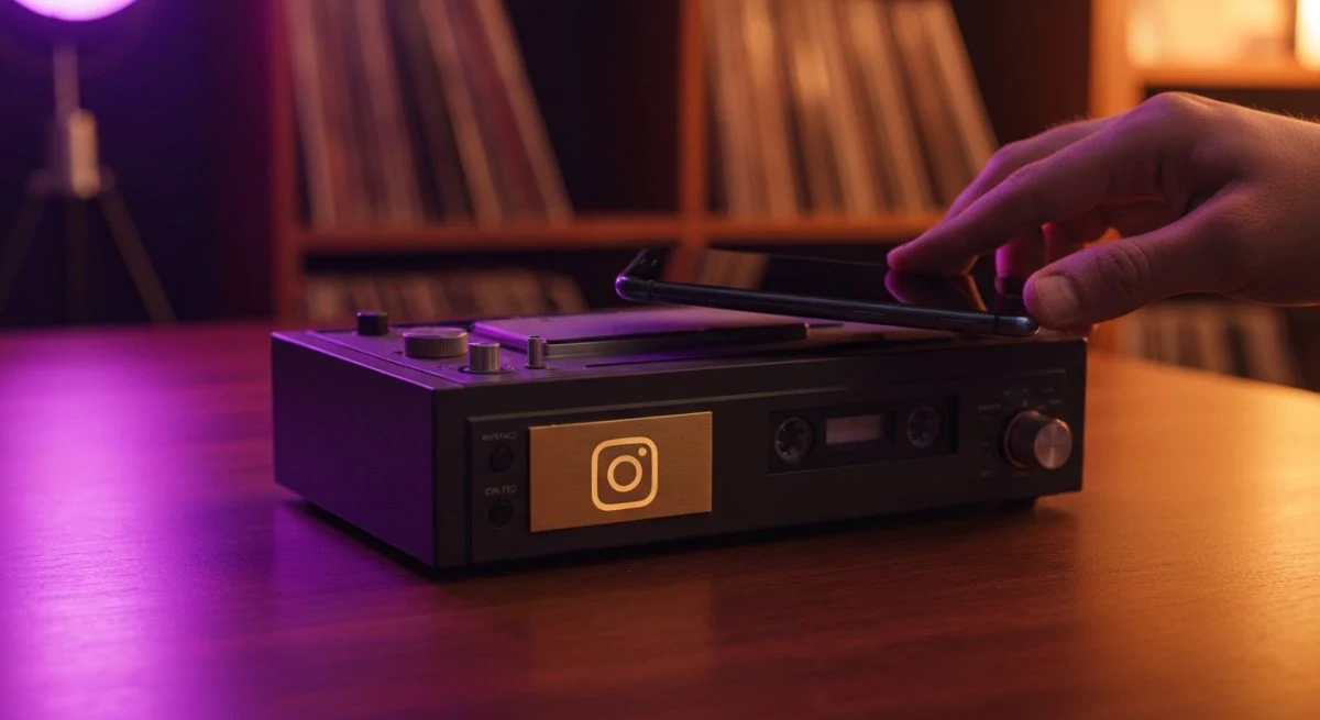 Mano acercando smartphone a grabadora cassette vintage con placa Instagram