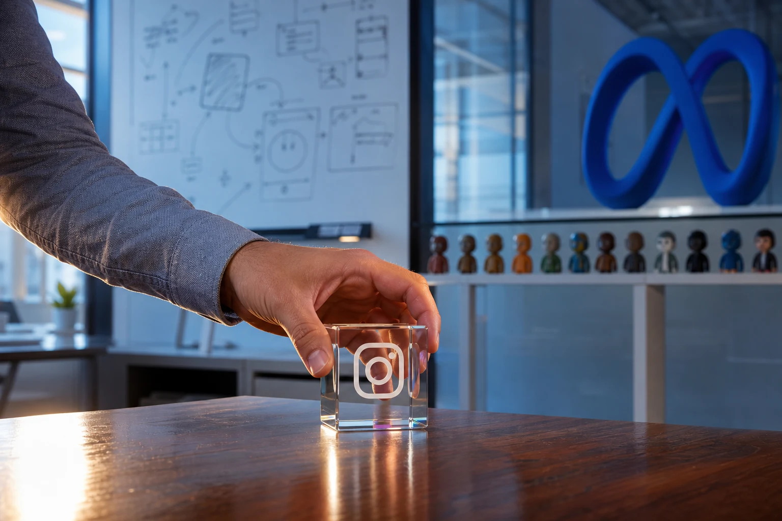Mano alcanza cubo de vidrio con logo Instagram representa Meta