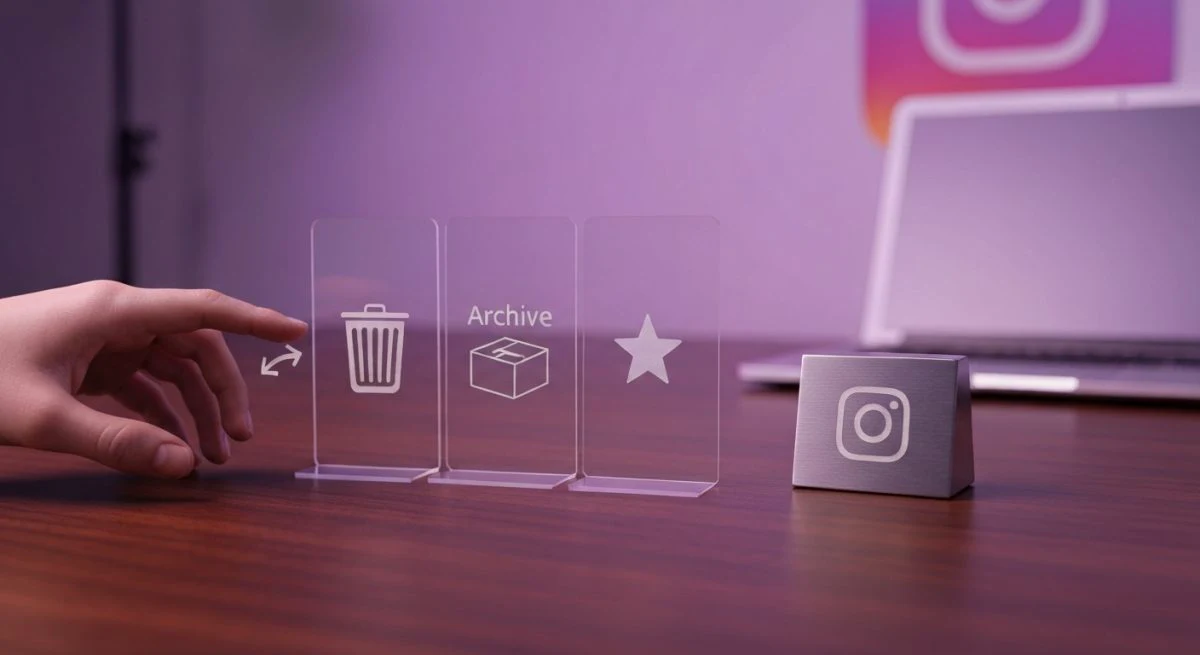 Mano alcanza tarjetas acrílicas con iconos basura archivo estrella Instagram