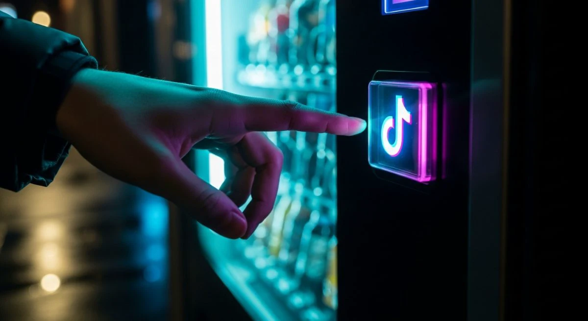 Mano alcanzando un botón con logo de TikTok en expendedor
