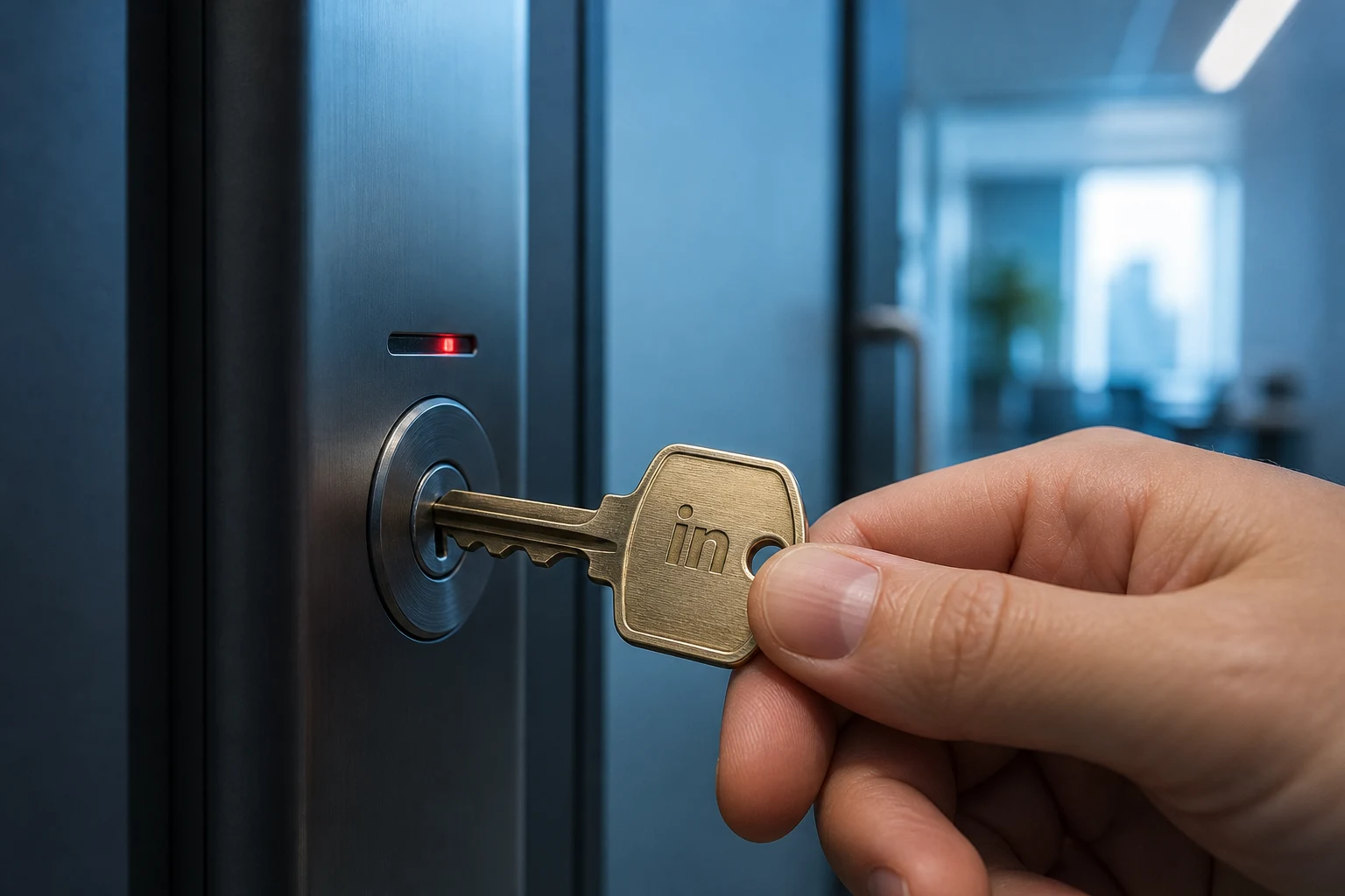 Mano alineando llave metálica con logo de LinkedIn en cerradura corporativa peligrosa