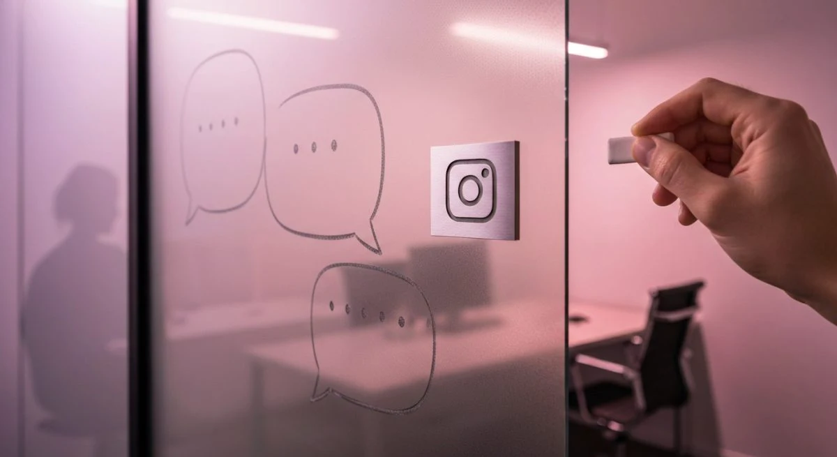 Mano borrando burbujas de chat en cristal con logo Instagram