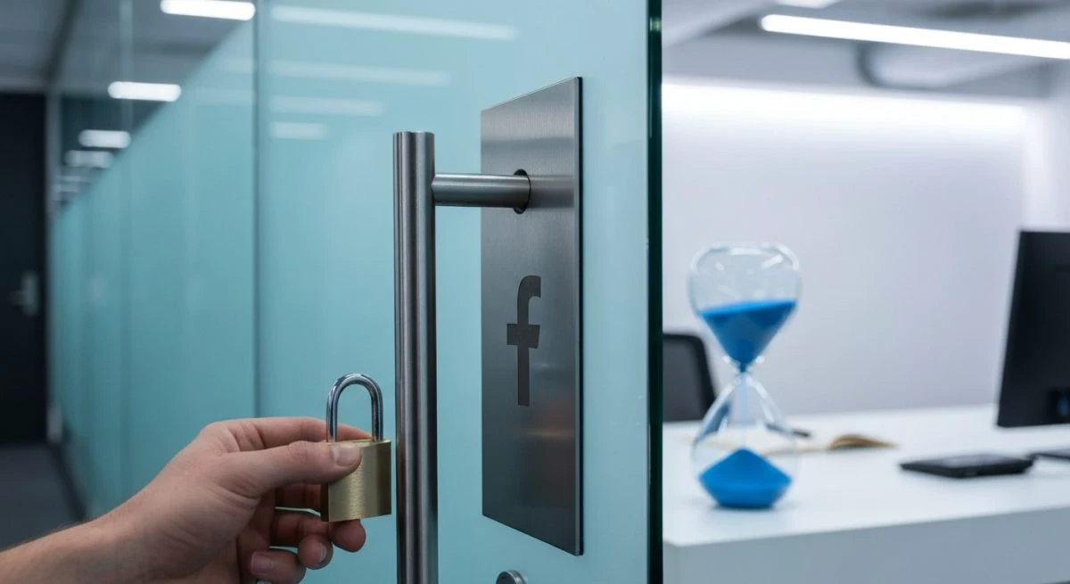Mano cerca candado plateado junto puerta cristal con logo Facebook