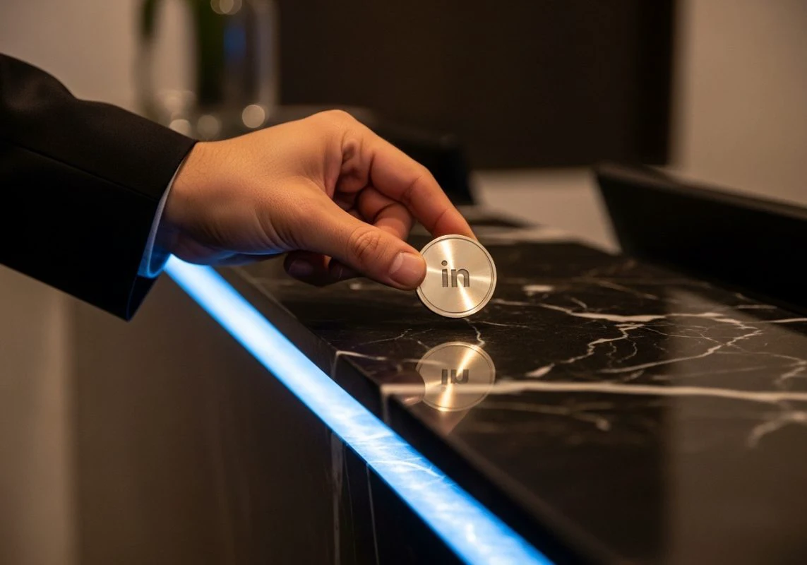 Mano colocando ficha metálica LinkedIn en mostrador corporativo elegante