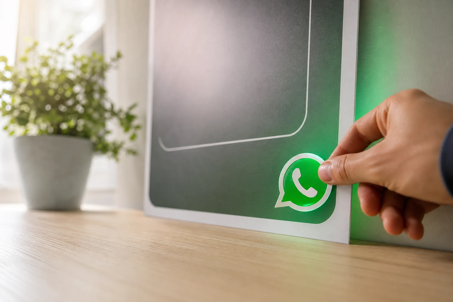 Mano colocando pegatina WhatsApp en borde inferior Historia de Instagram