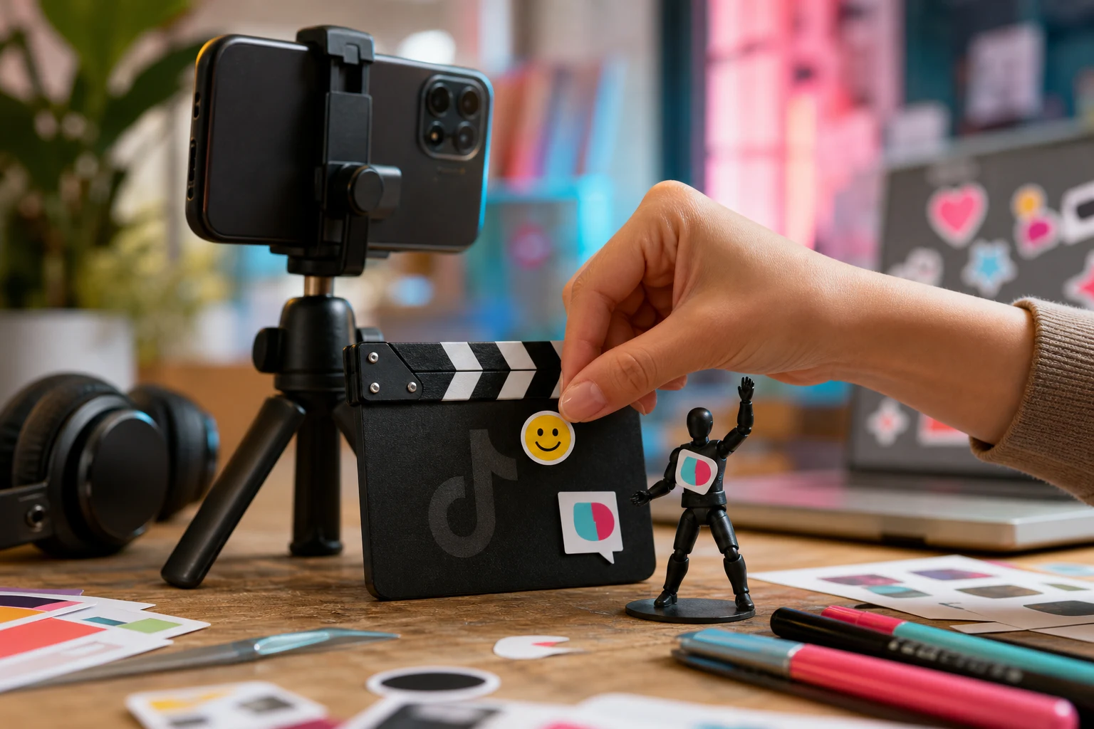 Mano colocando pegatinas coloridas en claqueta TikTok junto a smartphone y trípode