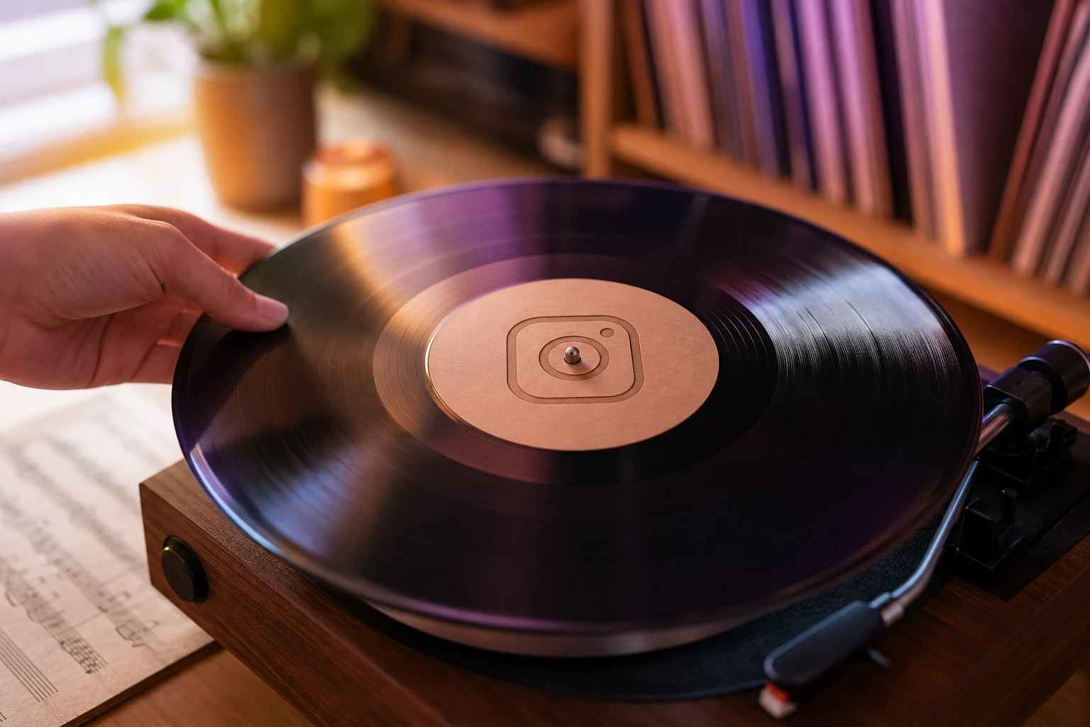 Mano colocando un vinilo en plato giradiscos con logo Instagram