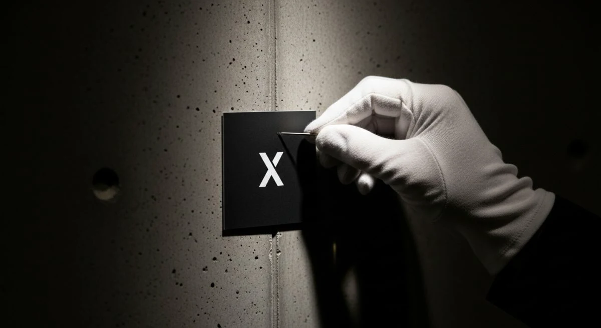 Mano con guante blanco colocando tarjeta negra con logo X