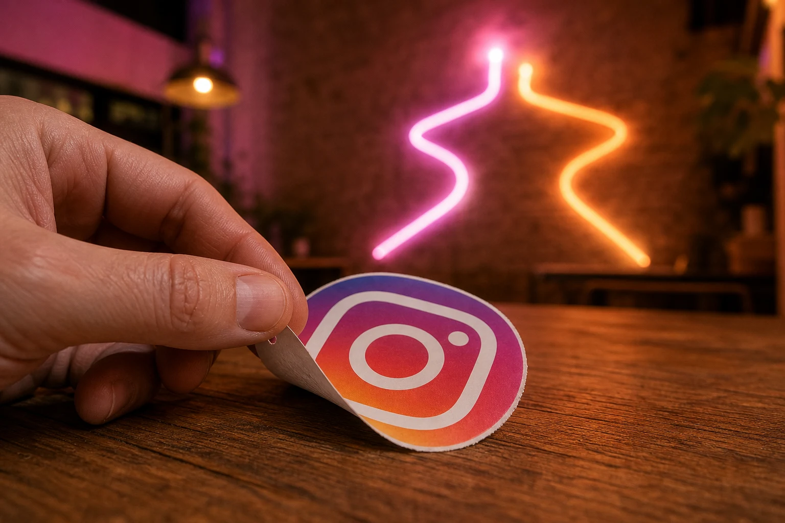 Mano despegando sticker circular de Instagram con logo de cámara