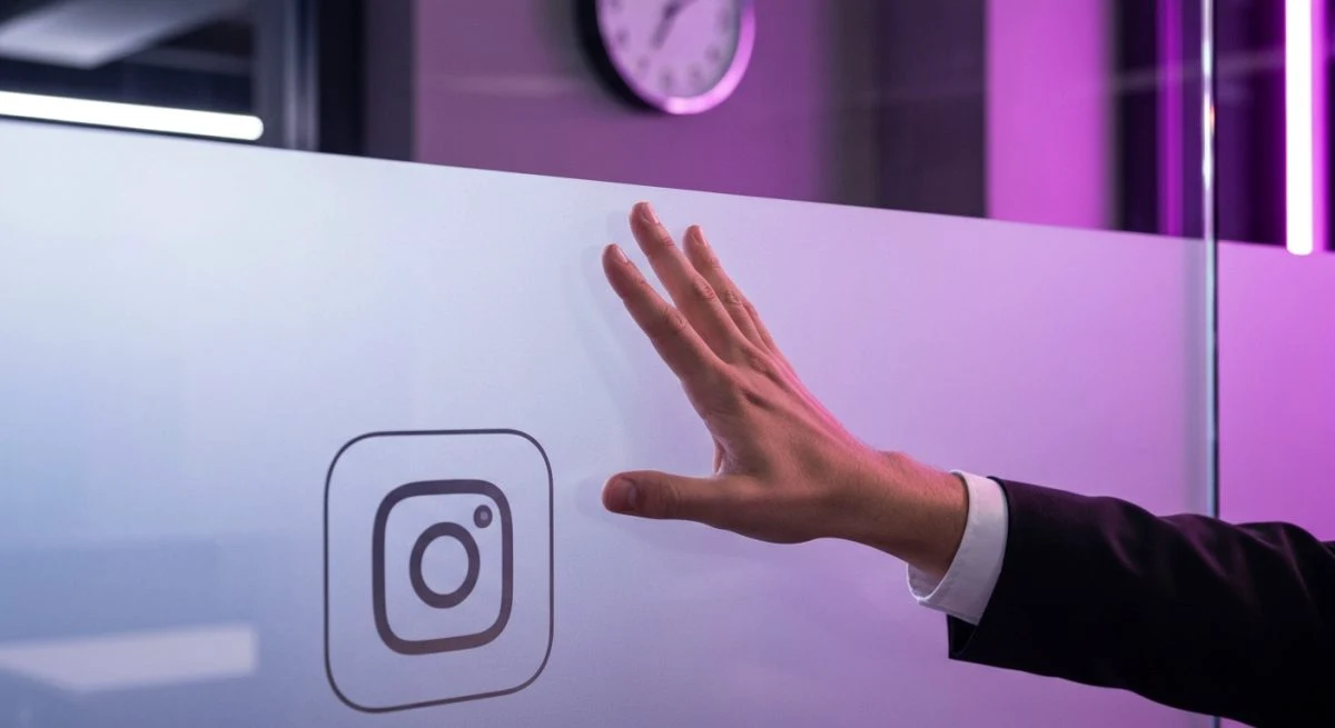 Mano en primer plano sobre vidrio esmerilado con logo Instagram