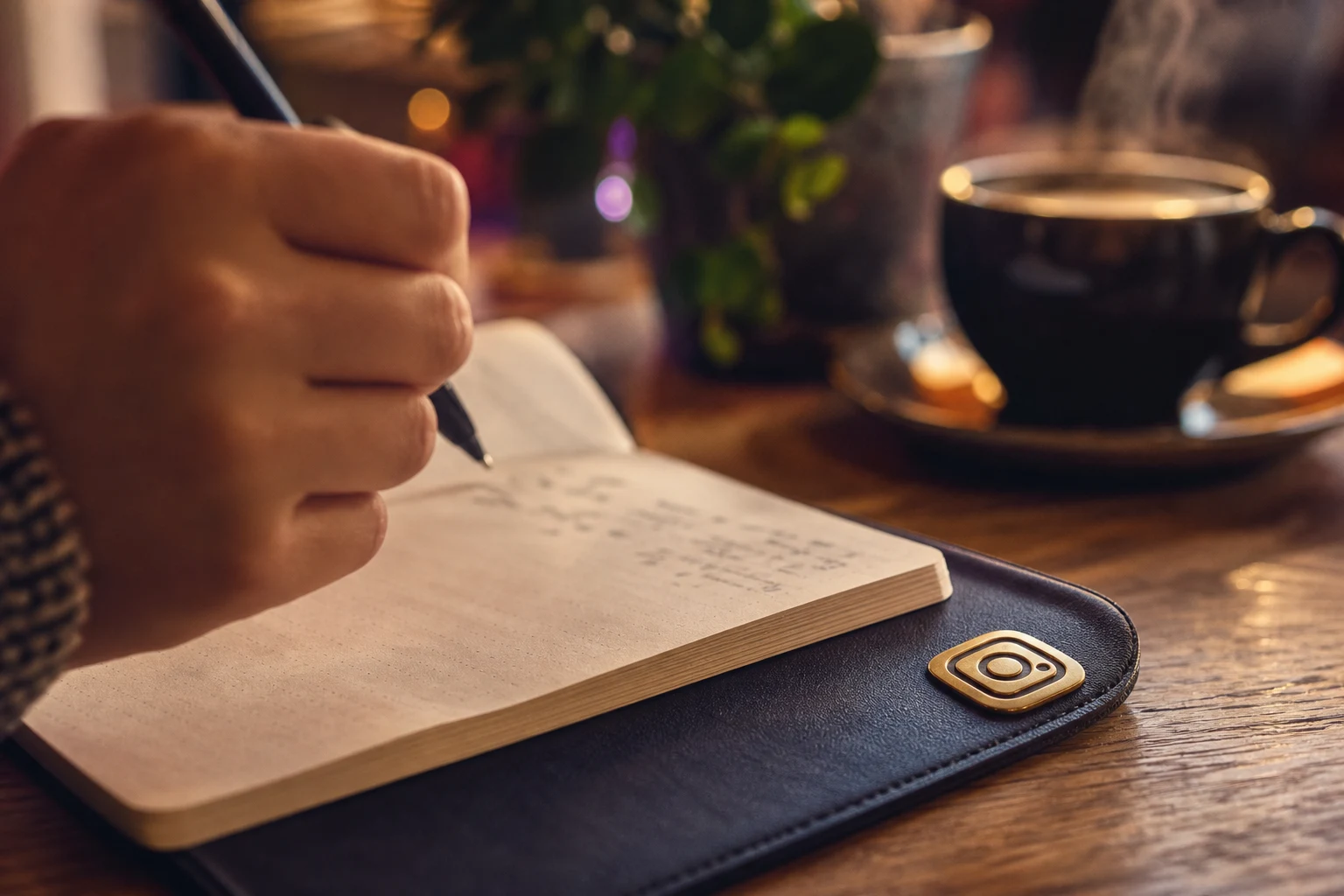 Mano escribiendo ideas en cuaderno con insignia Instagram en café