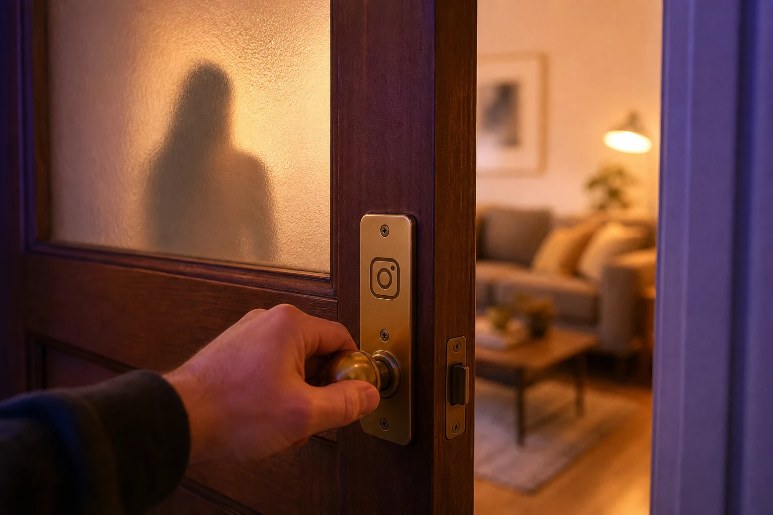 Mano gira pomo latón en puerta de madera con Instagram