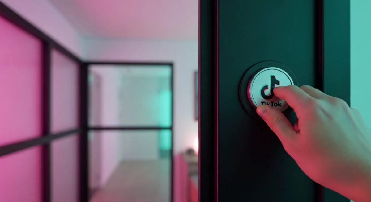 Mano girando dial de privacidad TikTok en puerta oscura moderna