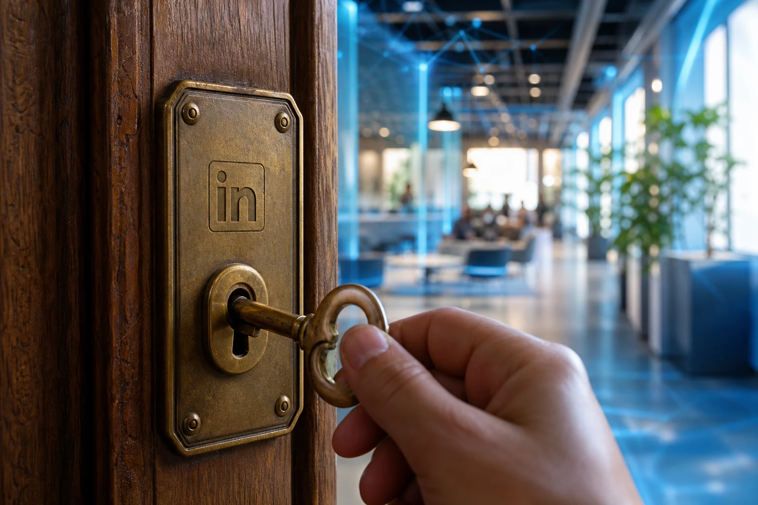 Mano girando llave de latón junto a placa LinkedIn grabada