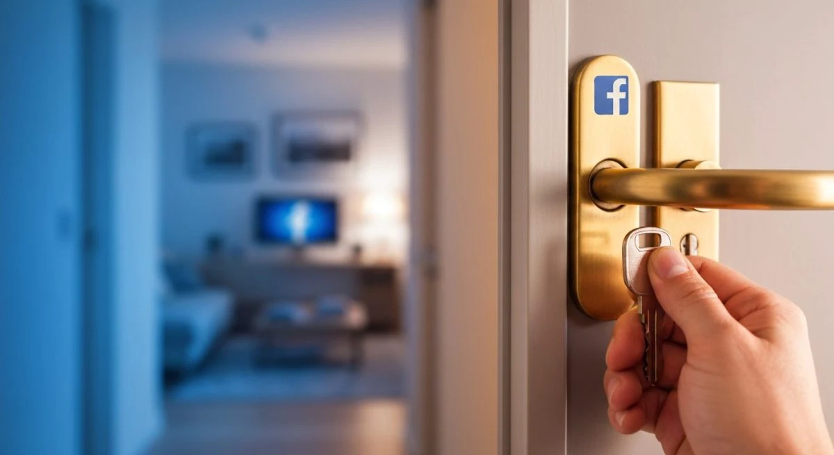 Mano girando llave en cerradura de puerta con logo Facebook