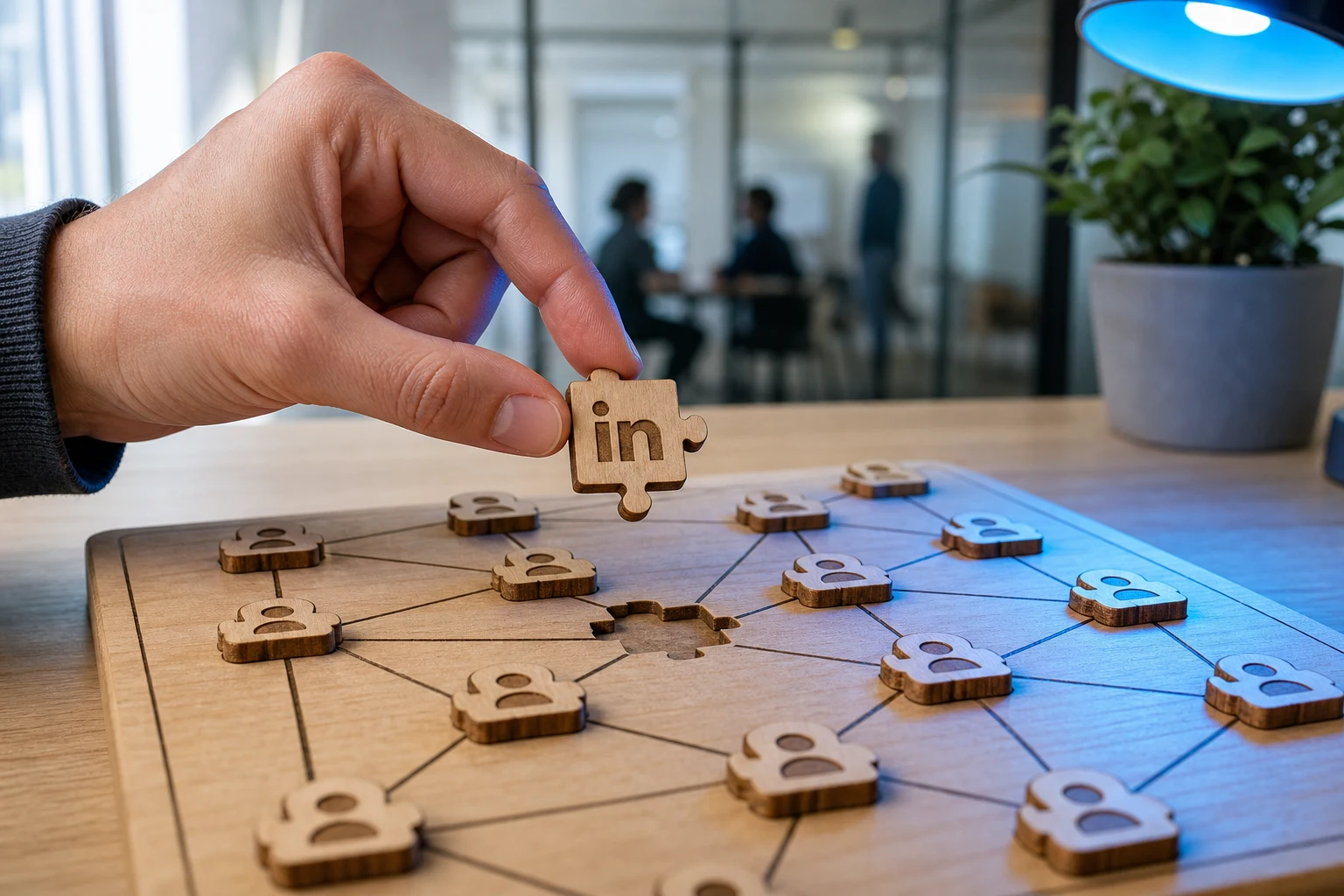 Mano lista para colocar pieza de madera con logo LinkedIn
