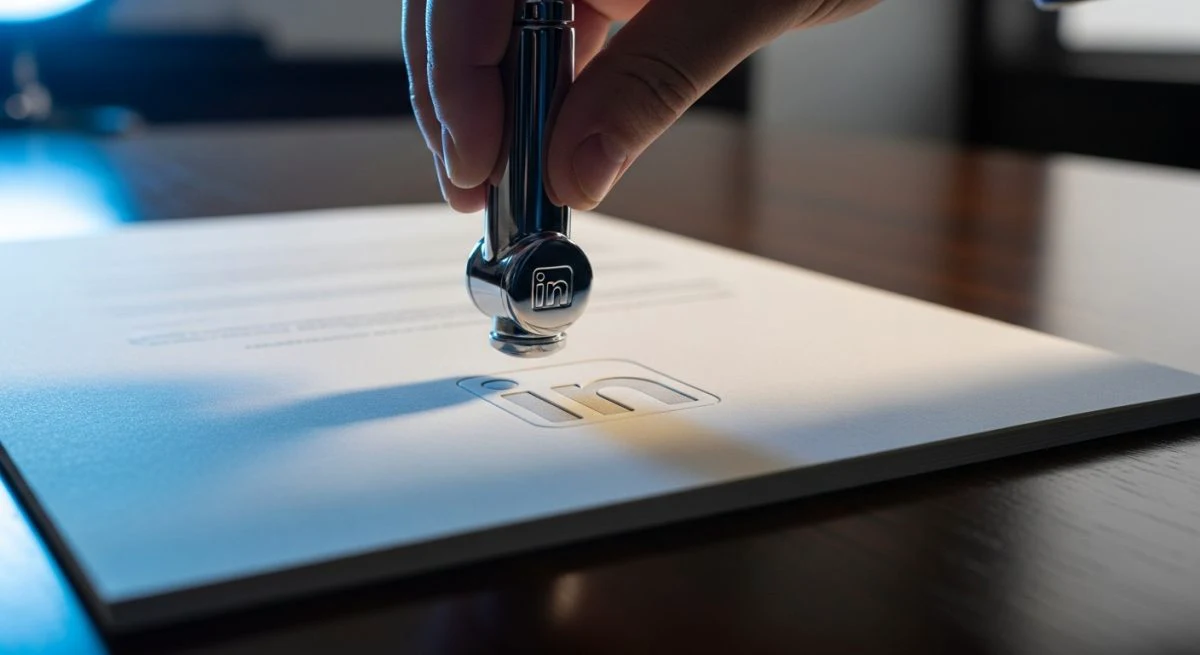 Mano presionando un embosser con logo de LinkedIn en papel