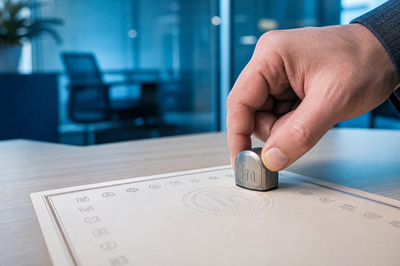 Mano presionando un sello metálico con logo LinkedIn sobre certificado