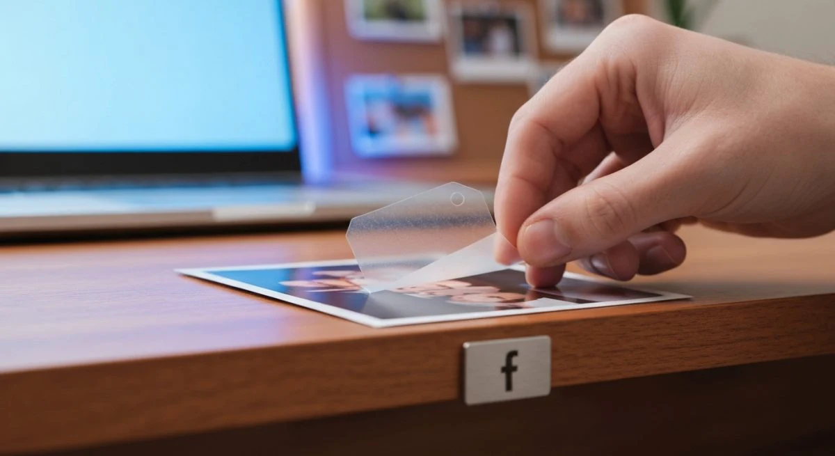 Mano quitando etiqueta transparente de foto impresa junto insignia Facebook