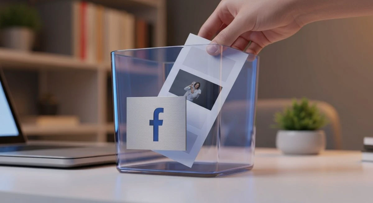 Mano recogiendo recuerdo impreso de una papelera de vidrio Facebook