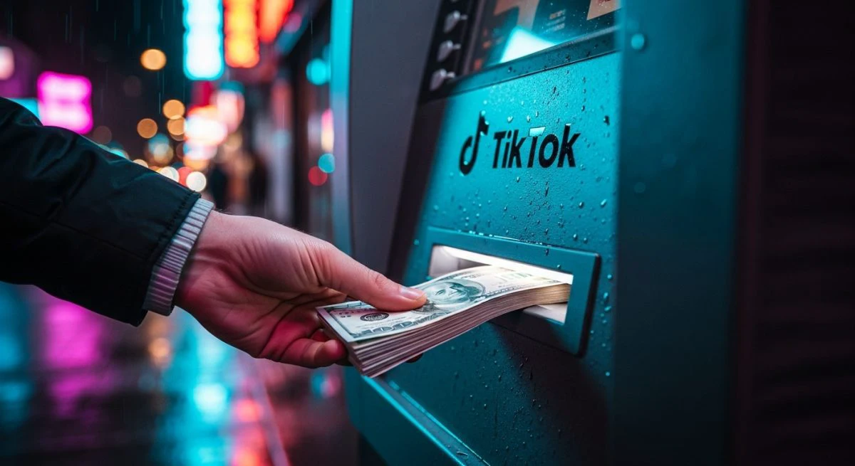 Mano sacando billetes frescos de un cajero automático TikTok