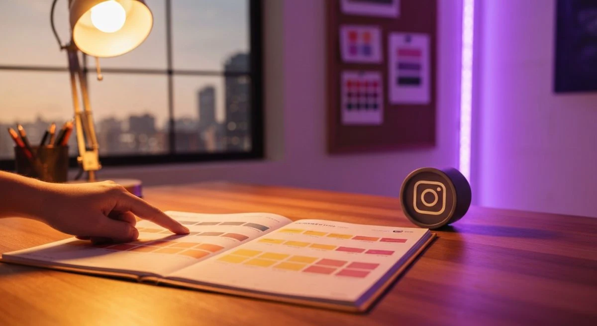 Mano señalando agenda semanal en escritorio madera cálida reloj Instagram