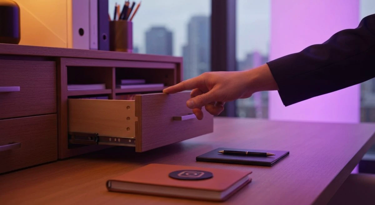 Mano sobre cajon de archivos cuaderno cuero con glifo Instagram