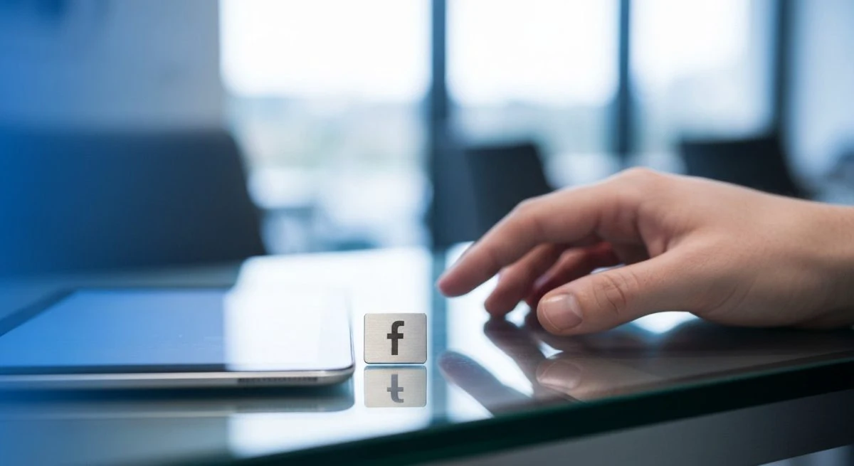 Mano sobre mesa cristal con tablet azul y badge Facebook