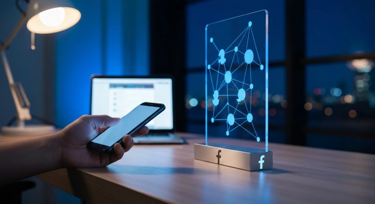 Mano sosteniendo smartphone y panel acrílico trasero con Facebook grabado