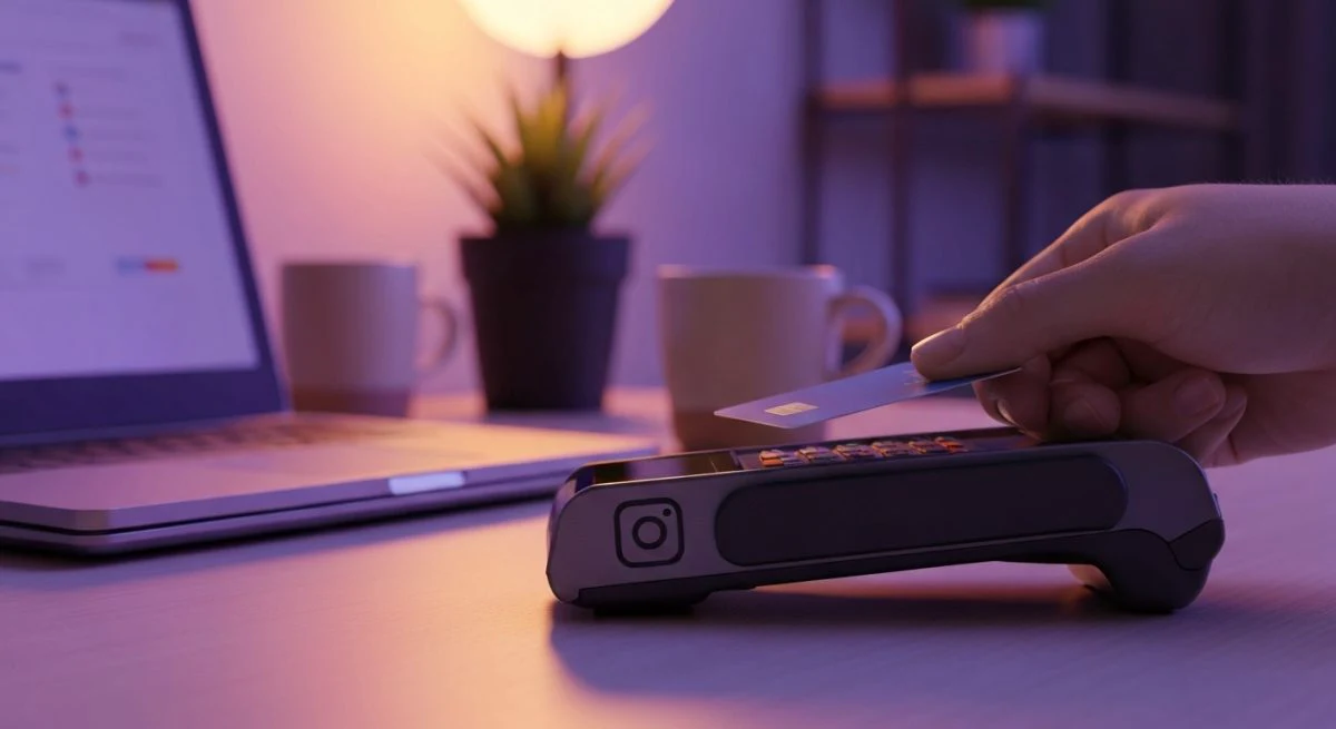 Mano sosteniendo tarjeta sin contacto ante terminal con grabado Instagram