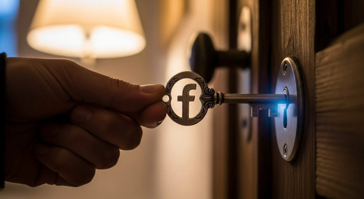 Mano sosteniendo una llave vintage con forma de logo de Facebook