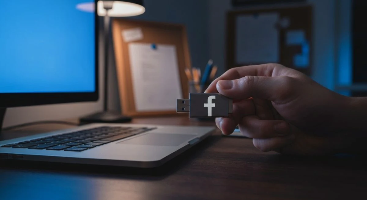 Mano sosteniendo USB con logo Facebook a punto enchufar portatil