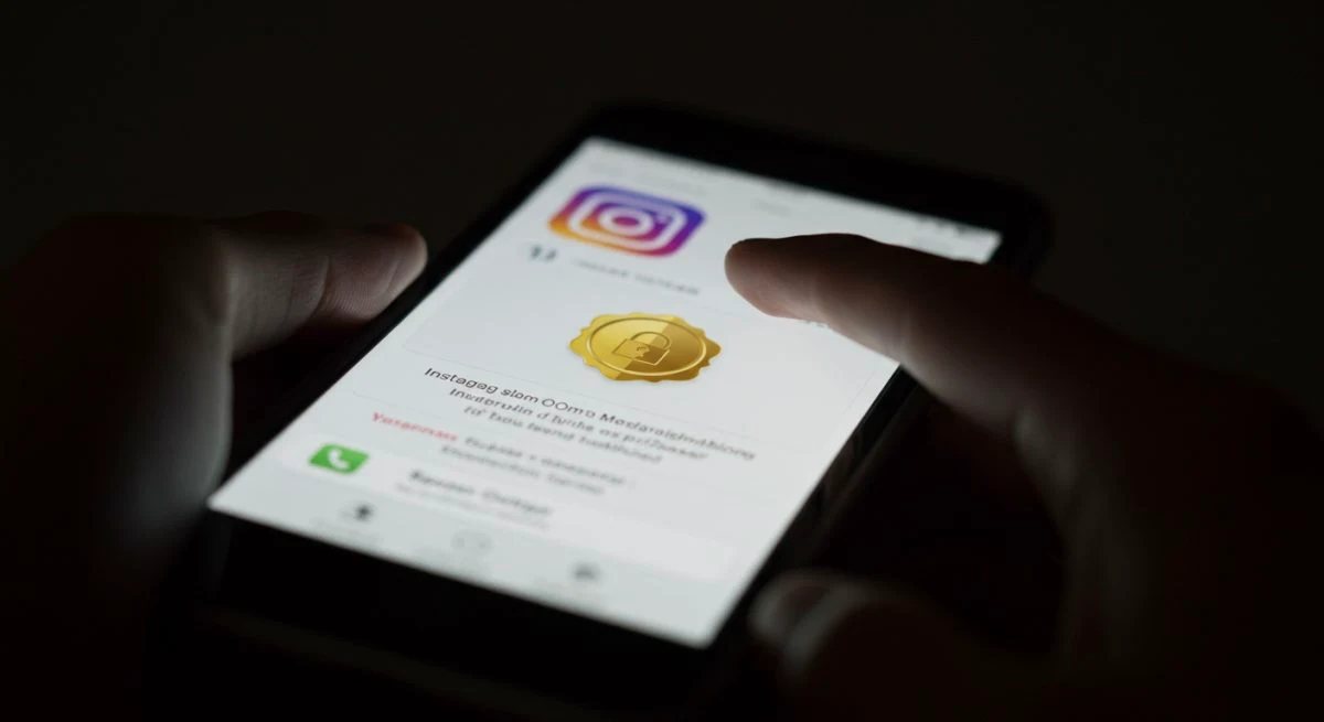 Mano toca enlace sospechoso en pantalla de smartphone Instagram fraudulenta
