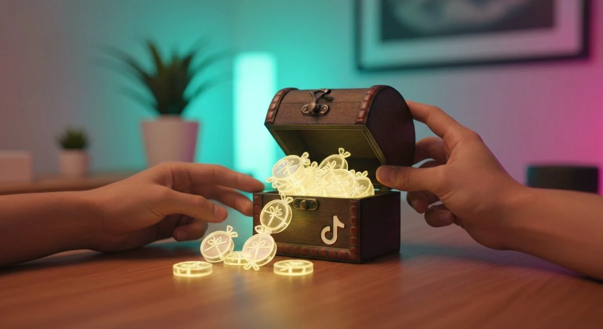 Manos abren cofre de madera revelando regalos luminosos con logo TikTok