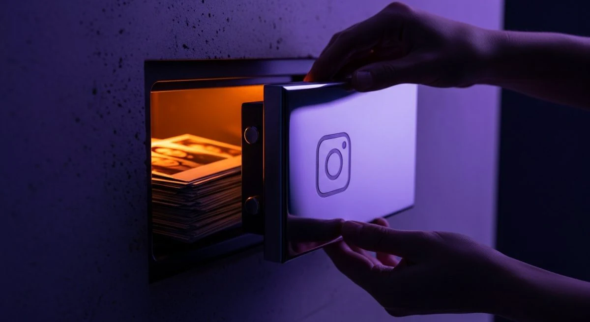 Manos abriendo caja fuerte futurista con logo de cámara Instagram grabado