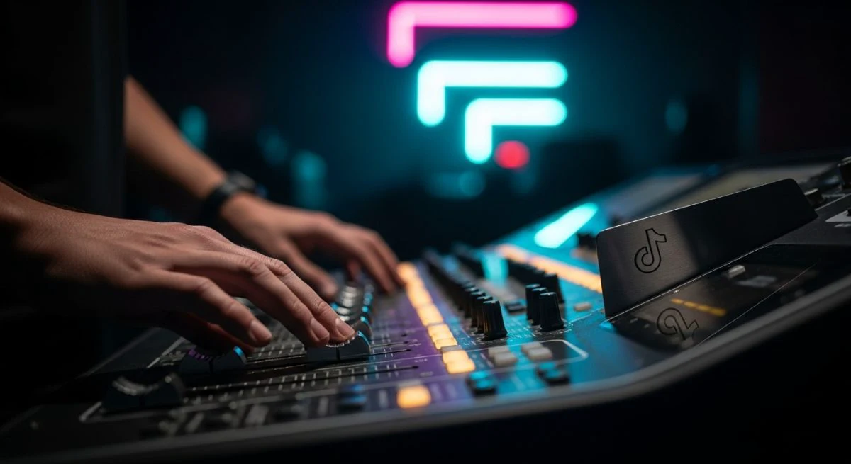 Manos ajustan faders en mesa de mezclas con luces neón y logo de TikTok