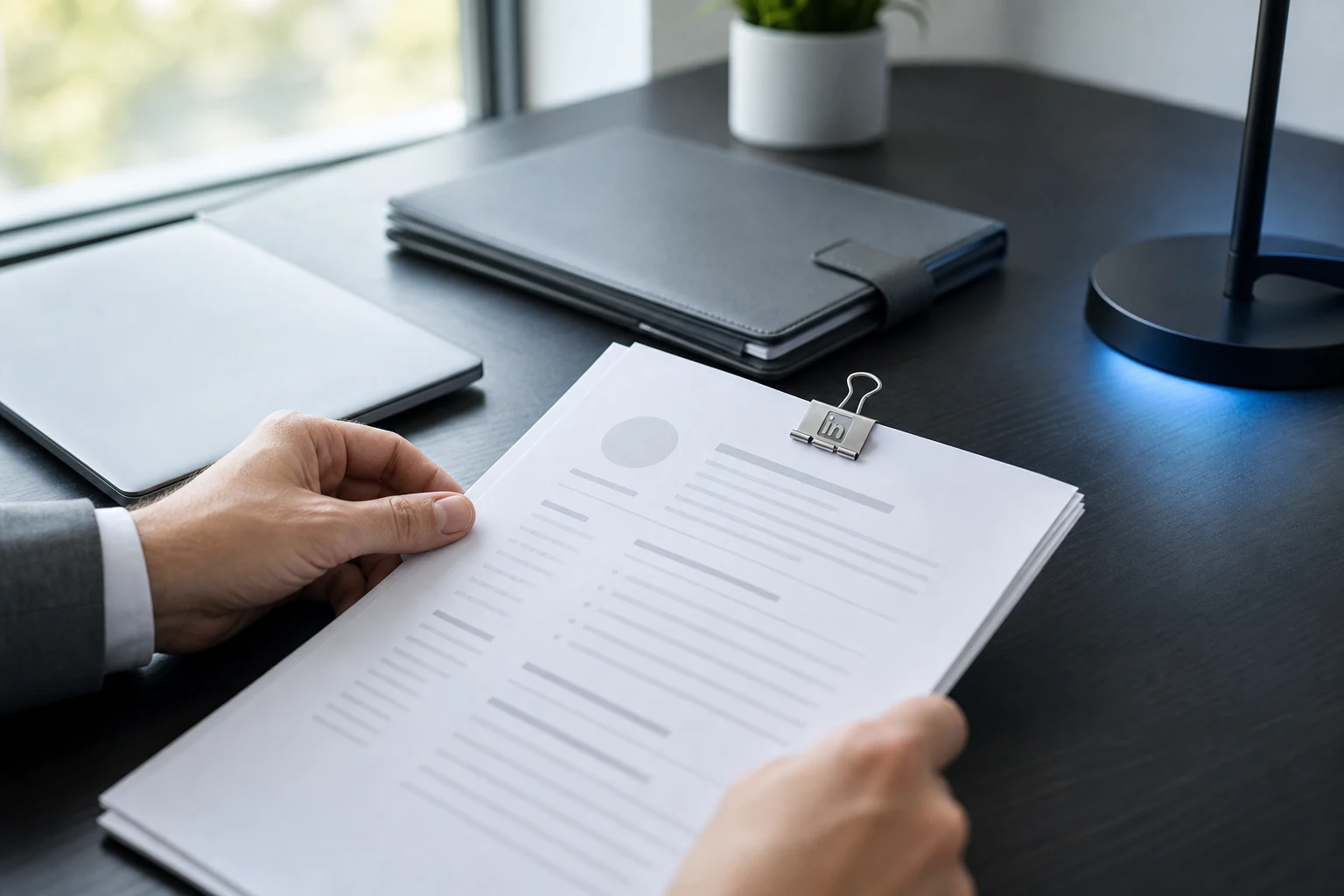 Manos ajustando CV impreso con clip LinkedIn sobre escritorio oscuro