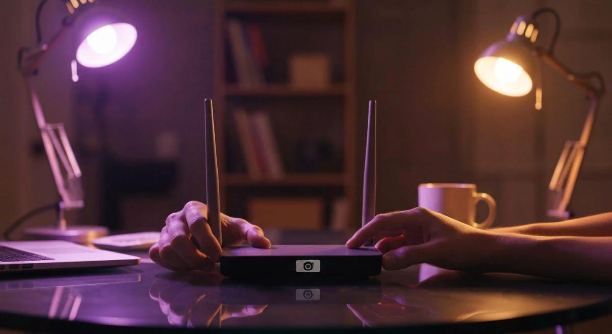 Manos ajustando router wifi moderno emblema de cámara sobre cristal